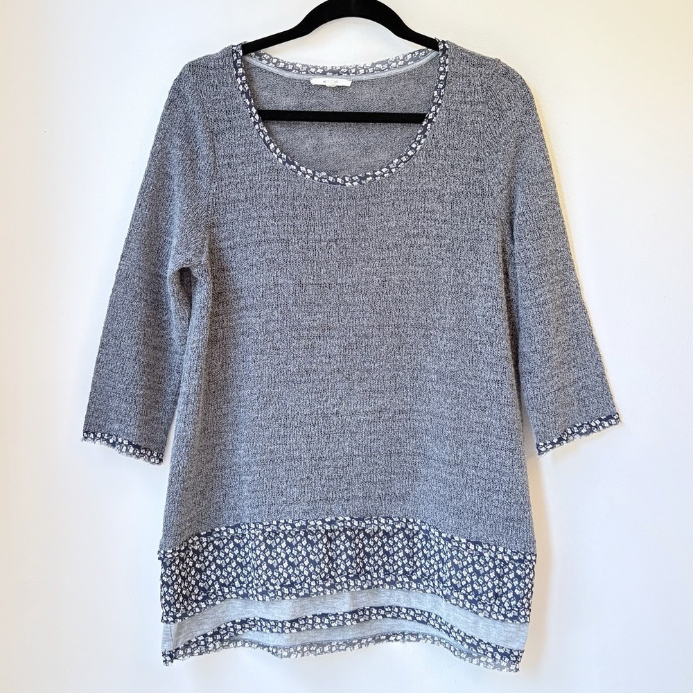 Easel Bohemian Top Small Gray Navy Floral Trim Cottage Core Tunic Casual